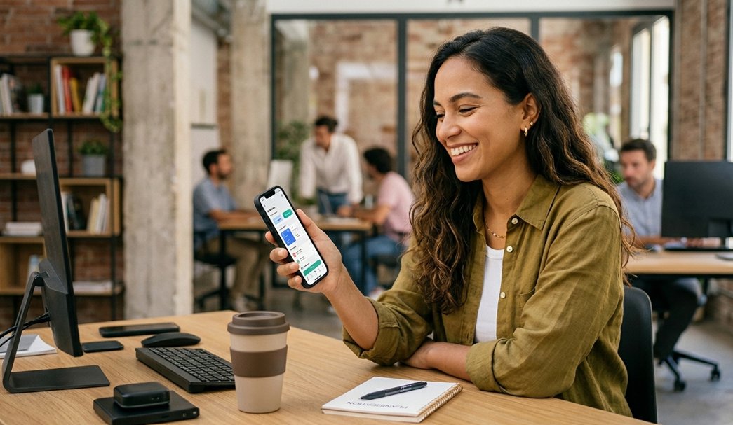 Naylead client smiling while reviewing her business app on a phone in a modern office