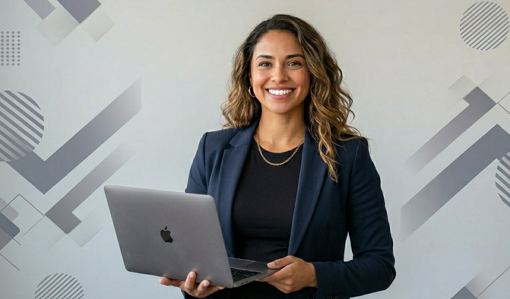 Naylead consultant with laptop, ready to drive AI-powered business growth
